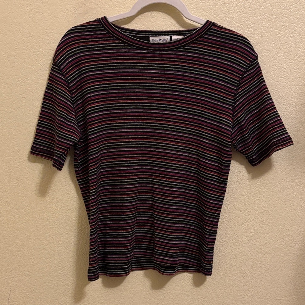 Striped Shimmery Short-Sleeve Knit Top